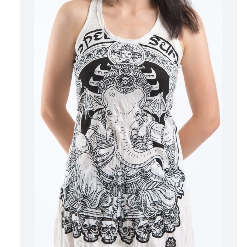 SURE Graphic Tank Top Tee Elephant Skulls Ganesh Black/White Cotton Size Medium